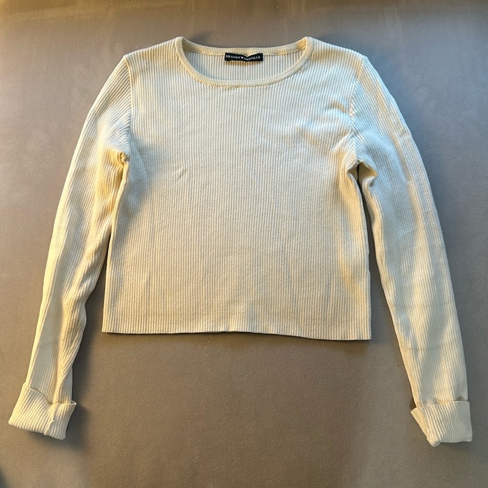 Brandy Melville Long Sleeve Cotton Ribbed Cream Shirt Like New OS